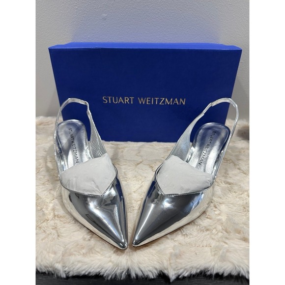 Stuart Weitzman Shoes - Stuart Weitzman Silver Slingback Pumps | Pointed Toe Heels Luxury Modern Glam‎